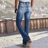 Jeans de ganga azul elástico com cintura média, rasgados e lavados, estilo europeu e americano, calças flares simples de corte justo