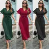 Sitio Independiente de Amazon Más Vendido Ropa Femenina Transfronteriza Primavera/Verano Casual Mangas con Volantes de Atar Gran Oscilación Plisado Gasa Vestido Largo