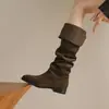 Nuevas Botas Largas Versátiles para Todas las Estaciones de Otoño e Invierno, Botas Arrugadas Adelgazantes de Suela Plana, Botas de Montar de Cuero Genuino sin Cordones de Doble Uso con Tacón Bajo, Transfronterizo