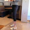 Calça Cropped Elástica Versátil Preta com Fenda Slim Fit Leggings Forradas com Lã Outono e Inverno Calça Skinny Reta de Cintura Alta Feminina