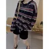 Top de punto de seda helada con bloques de color a rayas, protección solar para mujer, estilo relajado y perezoso de verano, camiseta holgada de manga larga para cubrir
