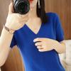 2022 Nuevo Suéter de Fondo de Cuello en V y Manga Corta para Mujer, Jersey de Manga Media, Top de Color Sólido, Camiseta de Manga Media Corta