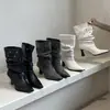 Botas Femininas de Bico Fino Estilo Coreano com Rebites e Salto Bloco, Plissadas, Tamanho Plus Size, Botas Curtas de Salto Alto, Botas de Salto Alto com Design de Nicho para Emagrecer