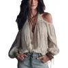 Top de Mujer Otoño 2026 Transfronterizo Europeo y Americano Color Albaricoque Claro Texturizado Raya Vertical Cuello Halter Hombros Descubiertos Manga de Linterna Elástica con Fruncido y Escote en V