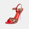 Sandalias de tacón de aguja de cristal de punta abierta con estampado de leopardo sexy de suela roja de moda transfronteriza Zapatos para mujer talla grande de la fábrica Huidong