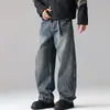Calça Longa Masculina Retrô Americana de Outono Desgastada Lâmina Reta Solta Perna Larga Tendência High Street