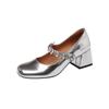 Sapatos Mary Jane Quadrados de Couro de Ovelha Prateado com Strass de Luxo Leve Primavera 2025 Salto Médio Grosso Couro Genuíno Camada Única Sapatos Femininos para Vestido Casamento