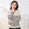 Nuevo Tejido de Punto Básico para Mujer de Algodón, Cuello Redondo, Manga Larga, Media Longitud, Rayas, Simple y Versátil, Holgado, Casual