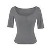 Camiseta Feminina Quadrada de Manga Curta Estilo Garota Picante Americana, Cintura Marcada Emagrecedora e Clareadora, Adequada para Baixinhas, Versátil Casual com Botões