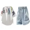 Conjunto de Marca Moderno con Degradado para Tallas Grandes de Hombre, Conjunto Elegante de Verano para Jóvenes con Camisa de Manga Corta y Pantalones Cortos Conjunto de Dos Piezas