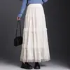 Nuevo Vestido Largo de Encaje Afelpado 2024 Falda de Tarta Línea A para Mujer Otoño e Invierno Cintura Alta Adelgazante Elegante Falda de Longitud Media