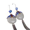 Pendientes con borlas de jade hetian y murciélago azul quemado estilo chino vintage de plata S925 de Golden Deer King para mujer