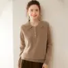 Suéter de caxemira com gola polo para mulheres, espessado para o inverno, com ombros raglan, corte casual solto, suéter de tricô, camada base, peça externa