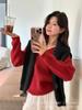 Suéter coreano de estilo perezoso con cuello en V y ribete de encaje para mujer, jersey suave y holgado para invierno, top de punto elegante