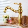 Torneira de cobre puro banhada a ouro antigo estilo europeu toda em cobre quente e frio de alavanca única furo único rotativa para lavatório