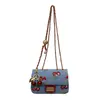 Azul denim com bolsa quadrada pequena bordada, bolsa de mão para mulheres, toque de luxo, bolsa de ombro única transversal, alça dupla de ombro de couro ajustável