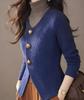 Moda y Gama Alta 2025 Nuevo Invierno para Mujer Diseño Francés Azul Sulfato de Cobre Cuello en V Manga Larga Tejido