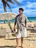 Camisa de manga corta plisada con cuello cubano, estilo "Old Money", diseño de fábrica "Tie-Dye Azul Hielo Seersucker" para hombre, corte holgado, camisa de moda