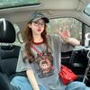 Camiseta de Algodón Puro Estilo Lindo Dibujos Animados Graffiti para Mujer, Combinación de Colores de Alta Gama Cuello Redondo Holgada para Gorditas Talla Grande Top que Cubre la Barriga