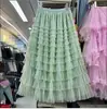 Saia de Bolo em Malha com Estampa Tie-Dye Retrô Saia Longa Saia de Gaze em Cor Gradiente Saia Longa Fofa em Linha A