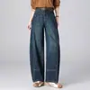Jeans Retro Azules con Guadaña para Mujer, Novedad Otoño 2026 de Cintura Alta Estilo Americano Parches Estructurados Pantalones Rectos Adelgazantes de Pierna Ancha