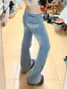 Jeans de pierna acampanada micro de estampado de leopardo azul claro para mujer, otoño, cintura baja, corte ajustado, diseño de alta calle estadounidense, pantalones acampanados