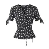Blusa de Chiffon Feminina com Gola V, Cardigã Estampado com Amarração, Manga Meia-Manga, Nova Coleção Primavera/Verão 2025 Europeia e Americana para o Dia a Dia