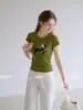 Camiseta Redonda de Manga Corta con Estampado de Cachorro Verde Yinhe para Mujer 2026 Verano Ajustada Elegante