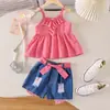 Baoxin Transfronteiriço Europeu e Americano Verão Novo Estilo Camisola Colete Infantil Calça Jeans Rasgada Retrô Roupa Infantil Fofa Doce