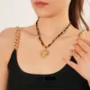 Colar Cruzado Tecido Estampa Leopardo Pingente Coração Moda Personalidade Exagerado Versátil Corrente da Clavícula Joia Estilo Étnico Retrô