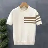 Nueva camiseta de punto de manga corta para hombre de verano, a rayas, simple, business casual, corte ajustado, camiseta de seda helada, venta al por mayor transfronteriza