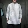Camisa Rayada de Manga Media Estilo Chino para Hombre Moda 2024 Casual Talla Extra Estilo Chino Retro Camisa de Siete Mangas Rayada para Hombre