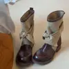 Botas de montar cortas de estilo vintage, diseño de nicho, moda otoño e invierno para mujer, con lazos, de lona, suela gruesa