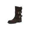 Estilo Perezoso Hebilla de Cinturón Relajada Botas Western Gamuza de Vaca Otoño e Invierno 2025 Tacón Medio Grueso Punta Redonda Botas de Media Caña para Mujer