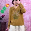Suéter de Tricô Digital Estampado com Decote V Novo para Primavera de 2026 para Mulheres, Manga Longa, Caimento Solto, Emagrecedor, Suéter Top Estilo Commuter
