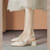 Sapatos Mary Jane com Salto Bloco Estilo Francês Feminino Primavera e Outono 2024 Novos Sandálias Quadradas com Pérolas Atrás e Bico Aberto
