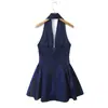 8161-26 Novo Estilo de Primavera Cedo Francês Puro Desejo Azul Retrô Costas Nuas Decote em V Franzido Vestido Justo