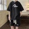 Conjunto esportivo verão masculino moda marca waffle moda duas peças solto casual plus size manga curta shorts um conjunto