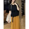 Traje de Top de Tirantes de Manga Corta y Falda Temperamental y de Moda para Mujer Verano Nuevo Estilo Coreano Falda de Cintura Alta Conjunto de Dos Piezas