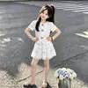Moda 2026 Top Floral 3D de Manga Curta Verão Fino Doce Saia de Renda com Laço Conjunto de Duas Peças