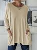 Camiseta feminina casual de cor sólida com gola redonda e manga comprida e bolso solto, estilo Amazon Wish para comércio exterior XX0278