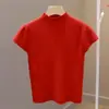 Top de color liso ajustado de alta gama, nuevo modelo 2026, de punto de manga corta con cuello semi-alto, prenda exterior elegante y sencilla de manga corta