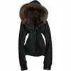INS Otoño Invierno Felpa Plus Cremallera Cárdigan para Mujer Y2K Cuello Grande de Piel Sudadera con Capucha Chaqueta de Felpa Gruesa Retro