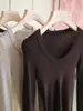 Vale la pena el precioCamiseta básica de punto 100% lana hilo Yangzi con cuello en U para mujer, corte ajustado y top favorecedor para ir al trabajo