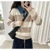 Estilo Coreano Estilo Academia Cuello de Mezclilla Tejido de Punto Rayado Blanco y Negro para Mujer Otoño Invierno Transfronterizo Nuevo Estilo Bloque de Color Versátil Suéter Adelgazante