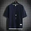 Camiseta Casual Suelta de Verano para Hombre, Manga Corta Waffled, Falso Dos Piezas, Manga Media de Seda de Hielo Delgada, Cuello Redondo, Ropa de Marca de Moda