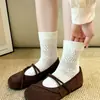 Calcetines de otoño e invierno para mujer hasta la pantorrilla con diseño geométrico calado, calcetines largos serie color café, calcetines de algodón puro blanco lechoso para mujer, versátiles y sencillos