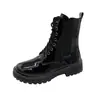 Botines de altura media para mujer con tacones gruesos y puntera redonda, botines Chelsea, nuevos zapatos de mujer de cuero charol estilo coreano otoño 2026, cómodos botines Martin