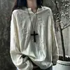 Camiseta de manga larga con cuello en V rasgada estilo americano para hombre, marca de moda de otoño, top de estilo holgado y casual, apta para hombres y mujeres, aspecto desgastado, estilo de pareja