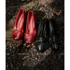 Piel de Vaca Lavada Punta Redonda Francesa Planos Lazo de Cuero Zapatos Rojos Pequeños Zapatos de Noche Retro